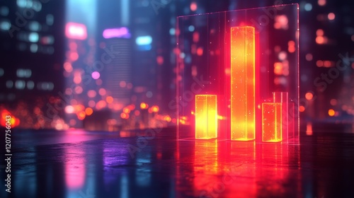 Digital financial data display with vibrant colors in a modern city setting d...