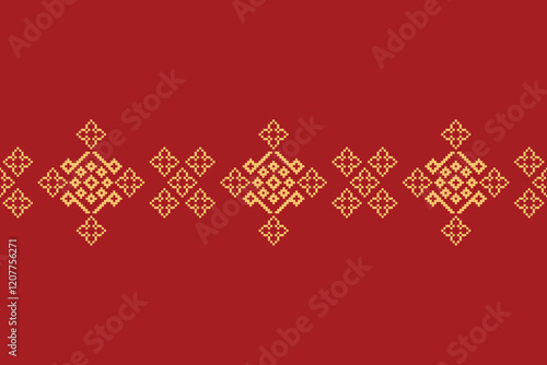 Ethnic pattern traditional motif ikat geometric fabric pattern cross stitch. Embroidery Ethnic oriental Pixel red background. Abstract,vector,illustration. Texture,christmas,decoration,wallpaper.