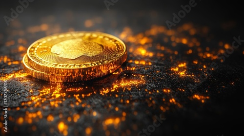 Shimmering gold coin reflecting light on dark surface in artistic display