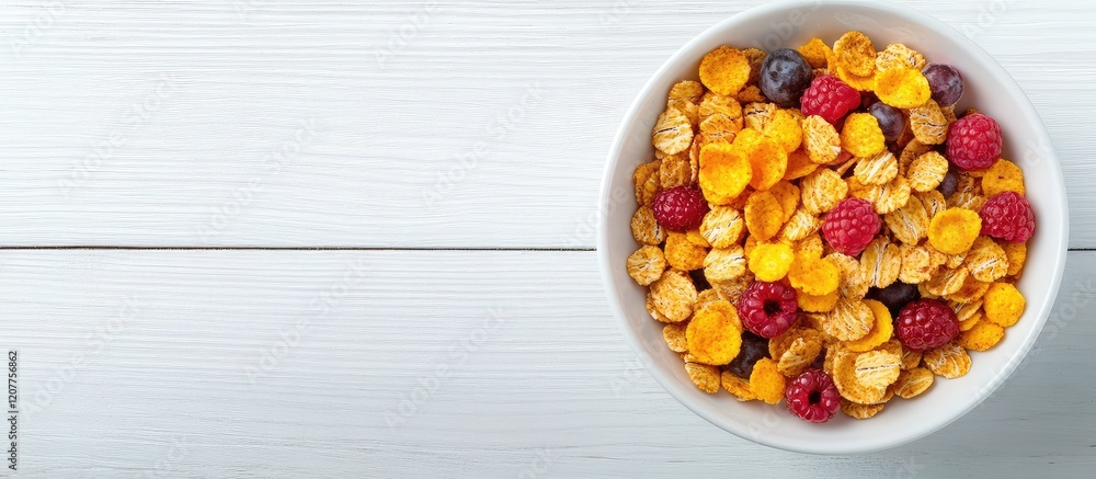 Fresh multigrain muesli topped with vibrant berries in a white bowl on a textured white wooden background Healthy breakfast scene with ample space for text Fresh multigrain muesli topped with vibrant berries in a white bowl on a textured white wooden background Healthy breakfast scene with ample space for text