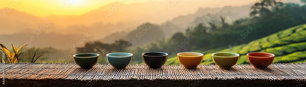 Five teacups on a mat overlooking lush tea fields at sunrise, warm and peaceful ambiance Five teacups on a mat overlooking lush tea fields at sunrise, warm and peaceful ambiance