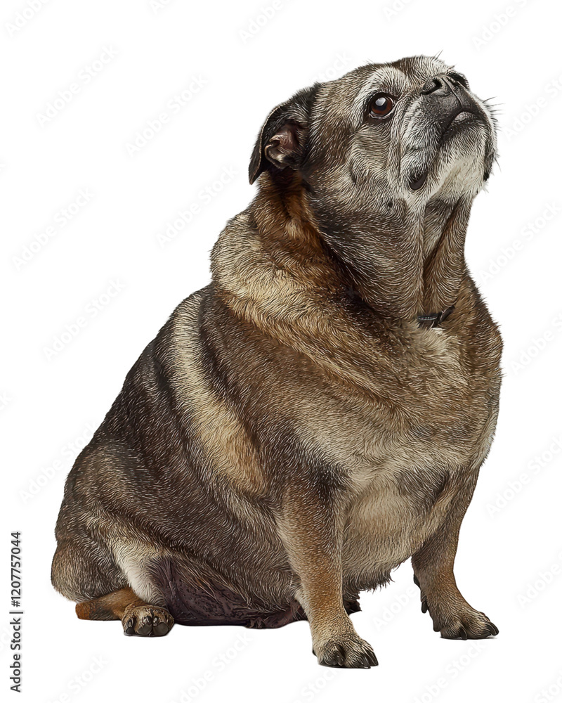 Fototapeta premium Adorable senior pug dog sitting, looking up; studio shot, white background. Perfect for pet, animal lover, veterinary, or senior pet themes.