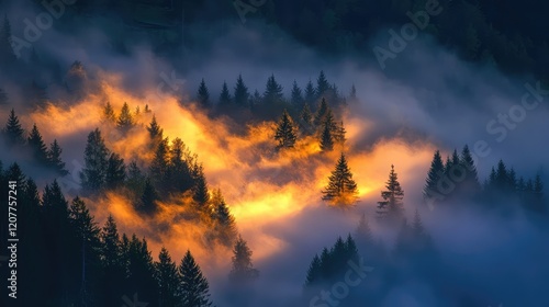 Ethereal Sunrise Light Cutting Through Misty Pine Forest with Warm Hues and Deep Shadows in Serene Natural Landscape