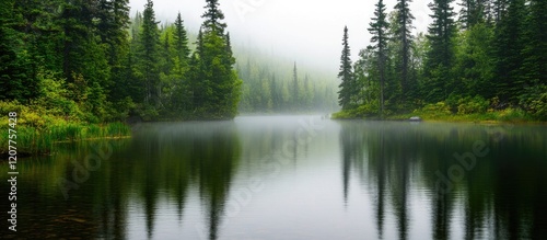 Serene misty lake with lush green trees reflecting on calm water creating a tranquil natural scene perfect for text overlay