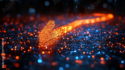 Sparkling orange arrow pointing upwards on a dark background with shimmering ...