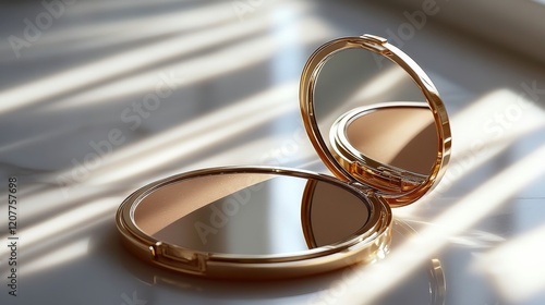 Elegant gold compact mirror reflecting soft natural light on a cozy surface