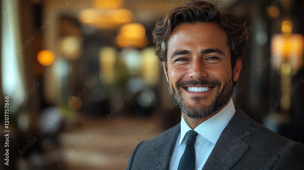Hospitable receptionist, welcoming smile, luxury hotel ambiance Hospitable receptionist, welcoming smile, luxury hotel ambiance