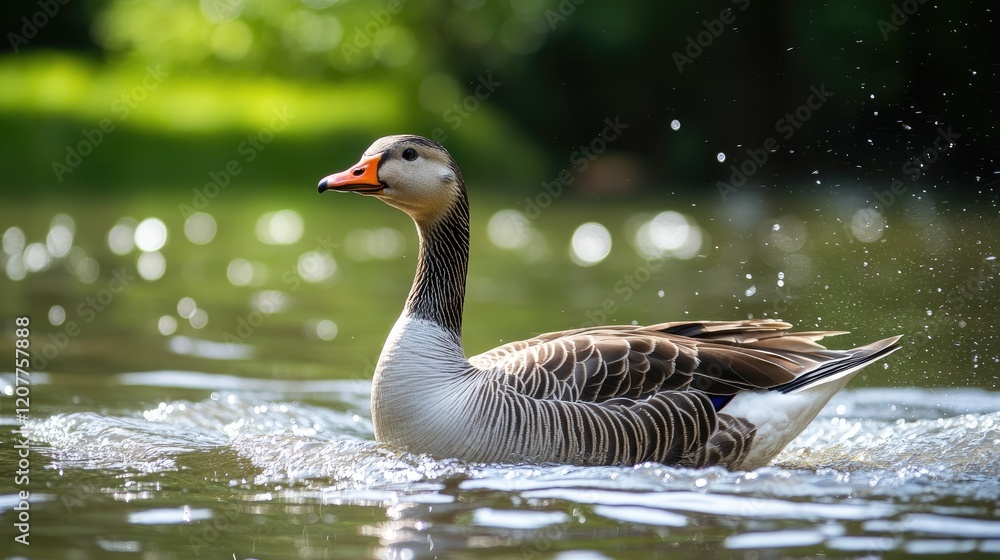Fototapeta premium Goose swimming gracefully in a serene pond with water splashes and natural greenery in the background