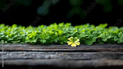 Soft green clovers cover an old wooden surface, with one bright yellow flower...