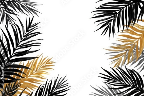 Elegant abstract leaf pattern with black and gold tropical foliage on white background