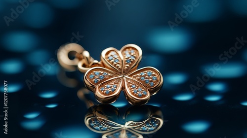 Shining gold flower pendant with intricate details on a sparkling surface