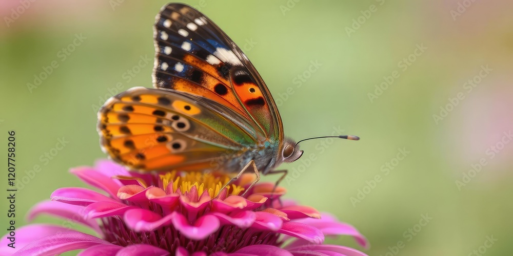 Close-up shot of a vibrant butterfly perched delicately on a colorful flower, flower, nectar, colorful Close-up shot of a vibrant butterfly perched delicately on a colorful flower, flower, nectar, colorful