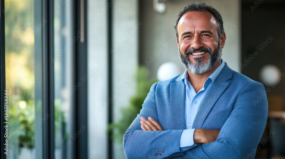 Portrait of a Happy and Confident Middle-Aged Man in a Blue Jacket Portrait of a Happy and Confident Middle-Aged Man in a Blue Jacket