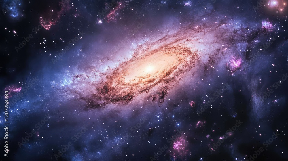 Fototapeta premium Majestic Swirling Spiral Galaxy with Ethereal Purple and Blue Nebulae Illuminating Cosmic Depths in a Starry Night Background