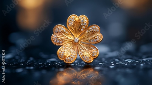 Shining gold flower pendant with intricate details on a sparkling surface