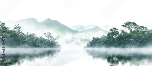 Serene Misty Lake at Dawn Surrounded by Lush Trees and Majestic Mountains Ideal for Text Overlay
