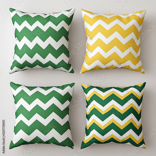 Green and yellow chevron throw pillows on a white background photo