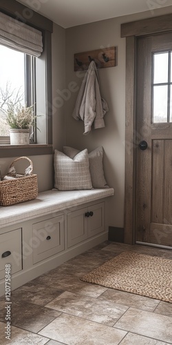 Rustic Entryway Bench with Built-in Storage and Neutral Decor