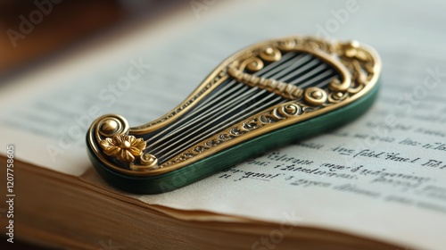 Decorative golden bookmark shaped like a harp on an open book with textured c...