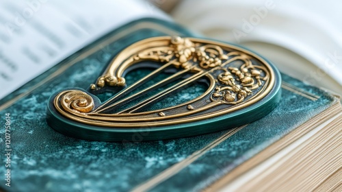 Decorative golden bookmark shaped like a harp on an open book with textured c...