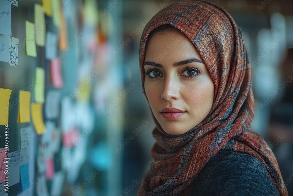 Young Woman in a Hijab Thoughtfully Gazing at Colorful Sticky Notes in a Workspace Young Woman in a Hijab Thoughtfully Gazing at Colorful Sticky Notes in a Workspace