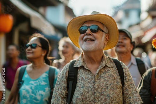 Group of cheerful tourists exploring a vibrant market under a sunny sky in a historic town photo