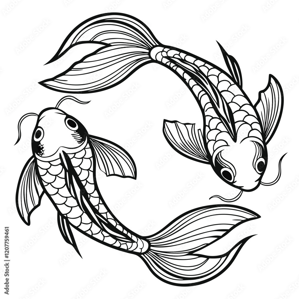 Fototapeta premium Two Koi Fish Swimming in Circular Motion - Detailed Black and White Sketch Engraving