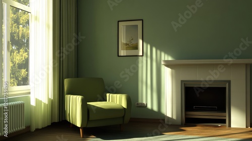Contemporary living room interior with green upholstered chair, sleek fireplace, expansive window, and wall panel showcasing soft green hues and natural light