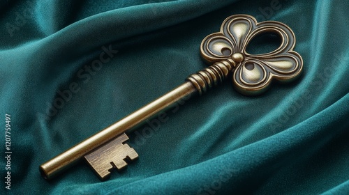 Vintage bronze key resting on green fabric background in soft lighting