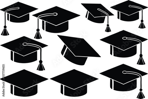 set of Grad cap silhouette icon. Clipart image isolated on white background