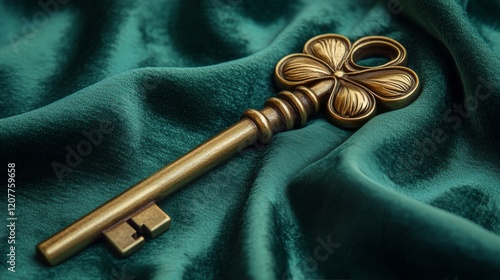 Vintage bronze key resting on green fabric background in soft lighting