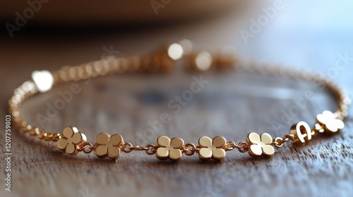 Delicate gold bracelet with floral designs resting on a wooden surface in nat...