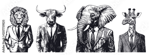 African animals in suits. Hand drawn engraved lion elephant giraffe buffalo businessman in office clothes, business power set vector illustration