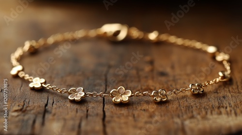 Delicate gold bracelet with floral designs resting on a wooden surface in nat...