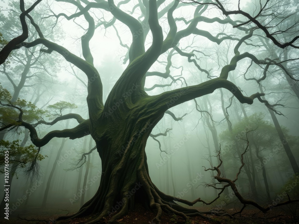 Naklejka premium Ancient tree stands tall in a dense forest surrounded by misty fog and twisted branches, solitude, natural, mystical