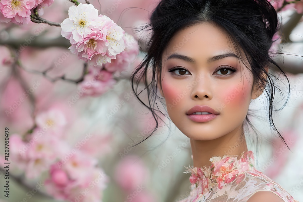 Asian woman with cherry blossoms, horizontal, perfect for lunar new year, spring beauty campaigns, cultural celebrations and Asian beauty content Asian woman with cherry blossoms, horizontal, perfect for lunar new year, spring beauty campaigns, cultural celebrations and Asian beauty content