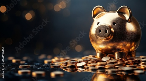Golden piggy bank surrounded by coins reflecting light in a dimly lit environ...