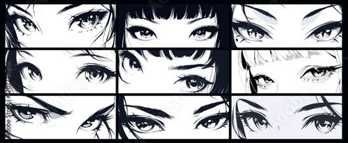 Anime eyes. Asian manga girl comic close up frame, ink monochrome female face bangs vector illustration