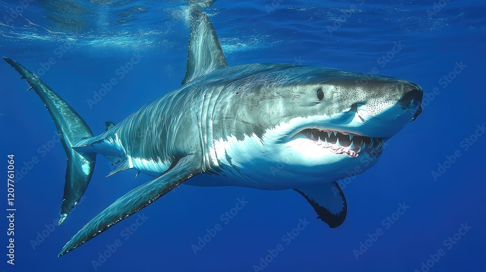 Fototapeta premium Great White Shark Swimming in Clear Blue Water Exhibiting Natural Hunting Behavior Underwater Environment