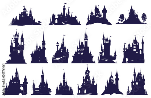 Black castle silhouettes. Fairytale fantasy medieval kingdom building with towers trees, princess royal palace set vector illustration
