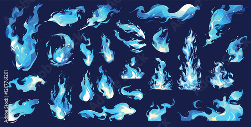 Blue fire. Bright cartoon flames glow, gas heat, inferno fantasy fireball energy effects vector illustration