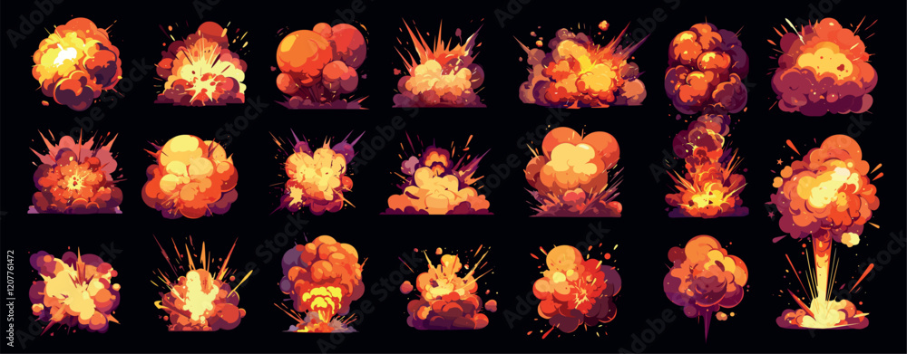 Fototapeta premium Bomb explosions. Cartoon fiery blasts smoke clouds, comic effects burst for game, dynamite destruction animation boom set vector illustration