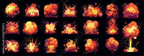 Bomb explosions. Cartoon fiery blasts smoke clouds, comic effects burst for game, dynamite destruction animation boom set vector illustration