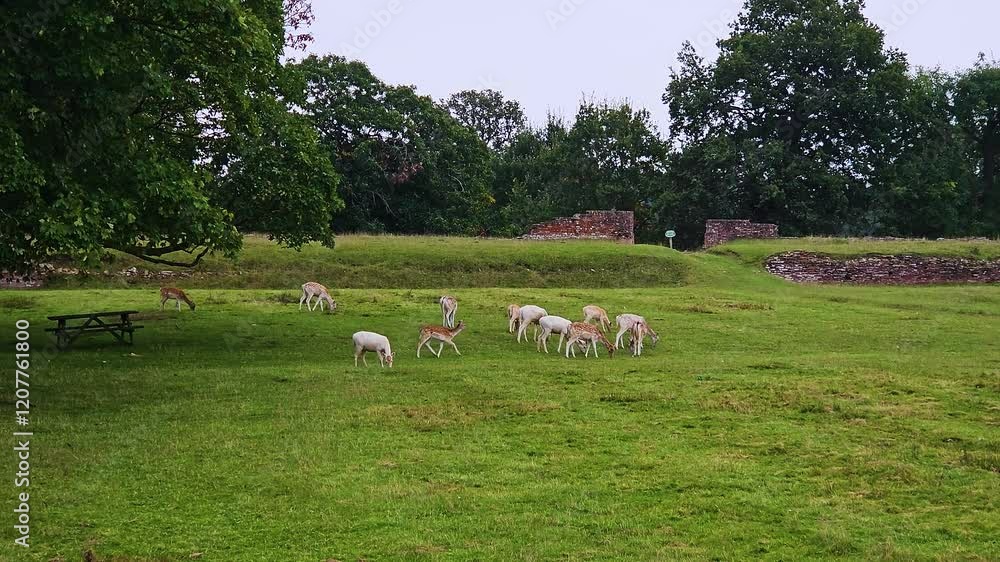 Herd of fallow deer grazing on lush green grass in peaceful park setting. Group of deer feeding near ancient ruins and scattered trees. Wild deer calmly foraging in open meadow with historical Herd of fallow deer grazing on lush green grass in peaceful park setting. Group of deer feeding near ancient ruins and scattered trees. Wild deer calmly foraging in open meadow with historical