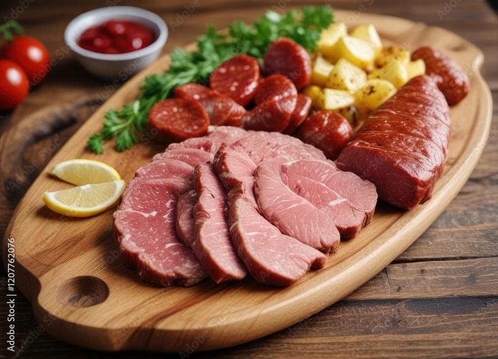 Argentinian chorizos and raw steak on a wooden platter, beef, butcher block Argentinian chorizos and raw steak on a wooden platter, beef, butcher block