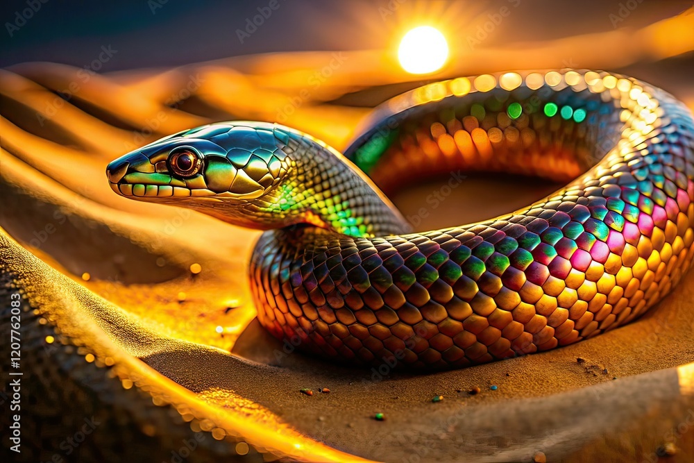 Fototapeta premium Glowing Metallic Snake on Sand - Macro Photography AI Art