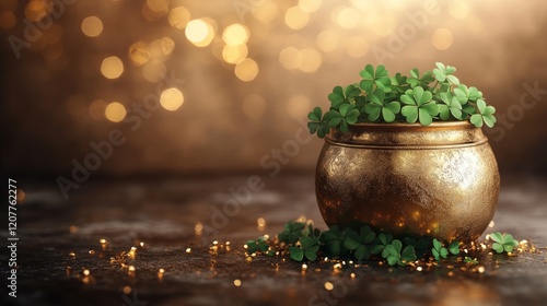 Lush green clover plant in decorative pot with shimmering background of soft ...