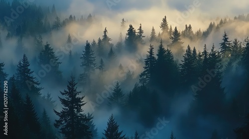 Serene early morning forest landscape with dense blue fog enveloping towering evergreen trees in a tranquil atmosphere.
