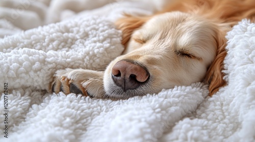 Golden retriever puppy sleeping peacefully on a cozy blanket in a calm indoor...