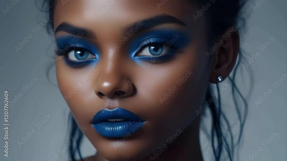 Stylish African American model with electric blue ombre lipstick and coordinated eyeshadow